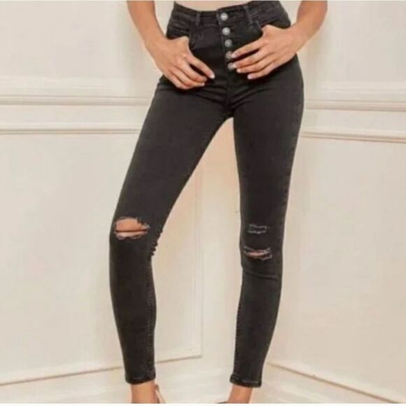 We The Free People Sabrina Super Skinny Black Distressed Jeans Womens 25 - Picture 2 of 14